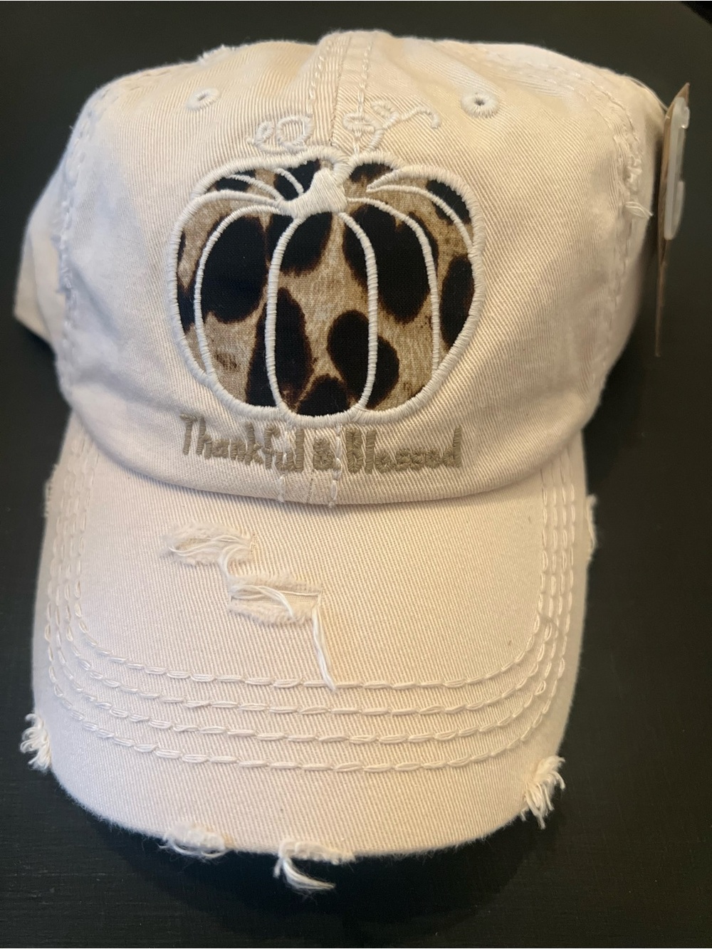 Thankful & Blessed Beige Baseball Cap with Leopard Pumpkin Patch